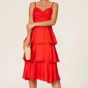 MARCHESA Notte Red Tiered Midi Dress (Size 6)